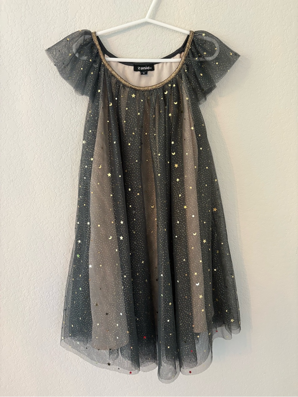 Zunie GIrls Tulle Gold Stars and Moon Glitter Sparkle Dress Ruffle Sleeve Party